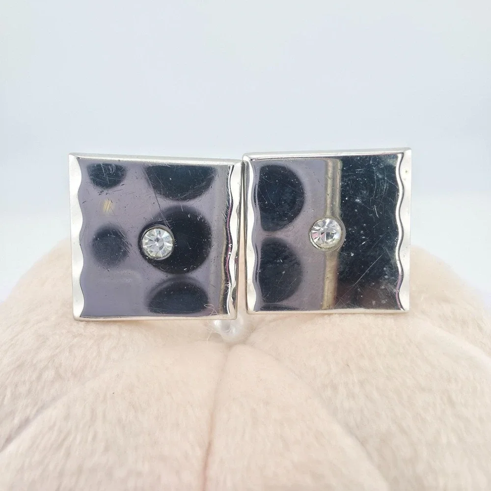 Vintage SWANK Cufflinks Clear Rhinestone Wavy Border Stainless Steel Bullet Back